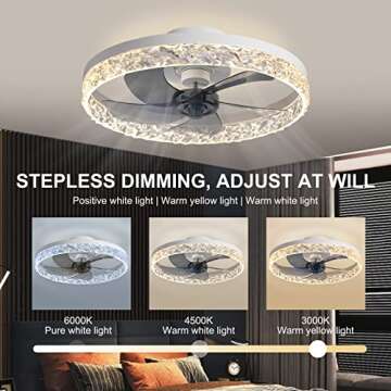 KINDLOV Modern Indoor Flush Mount Ceiling Fan with Lights,Dimmable Low Profile Ceiling Fans with Remote Control,Smart 3 Light Color Change and 6 Speeds for Bedroom Living Room Kitchen,White…