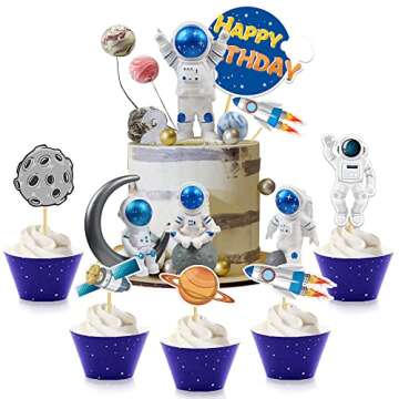 Astronaut Figurines Space Cake Toppers Astronaut Planet Rocket Satellite and Star Space DIY Cake Toppers for Space Theme Party Birthday Party Baby Shower Supplies (Blue)