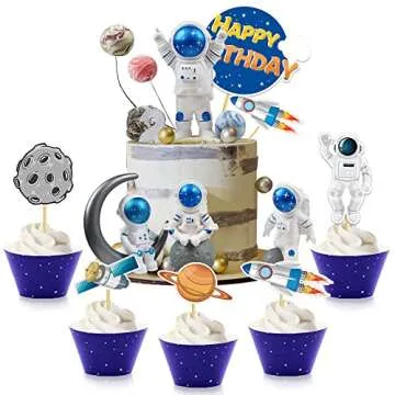 Astronaut Figurines Space Cake Toppers Astronaut Planet Rocket Satellite and Star Space DIY Cake Toppers for Space Theme Party Birthday Party Baby Shower Supplies (Blue)