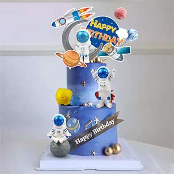 Astronaut Figurines Space Cake Toppers Astronaut Planet Rocket Satellite and Star Space DIY Cake Toppers for Space Theme Party Birthday Party Baby Shower Supplies (Blue)