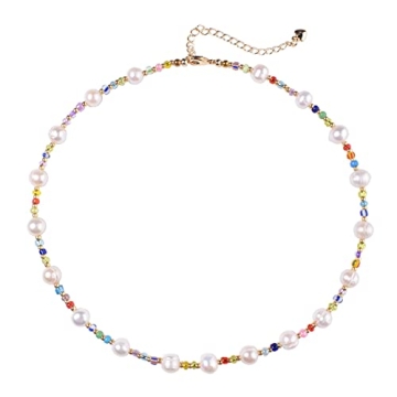 Miss Pink Beaded Necklace Beaded Choker Necklace Women Rice Seed Beads Necklace Freshwater Pearl Nec...