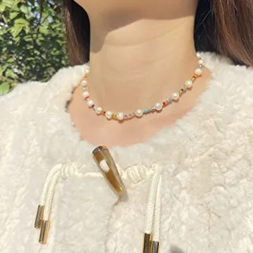 Miss Pink Beaded Necklace Beaded Choker Necklace Women Rice Seed Beads Necklace Freshwater Pearl Necklace Y2K Boho Handmade Cute Summer Crush Beach Jewelry Gifts for Teen