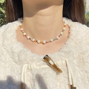 Miss Pink Beaded Necklace Beaded Choker Necklace Women Rice Seed Beads Necklace Freshwater Pearl Necklace Y2K Boho Handmade Cute Summer Crush Beach Jewelry Gifts for Teen