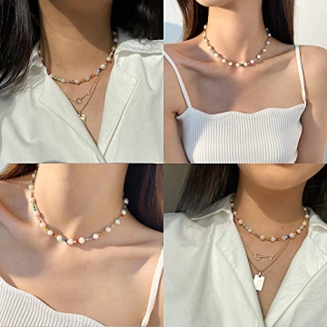 Miss Pink Beaded Necklace Beaded Choker Necklace Women Rice Seed Beads Necklace Freshwater Pearl Necklace Y2K Boho Handmade Cute Summer Crush Beach Jewelry Gifts for Teen