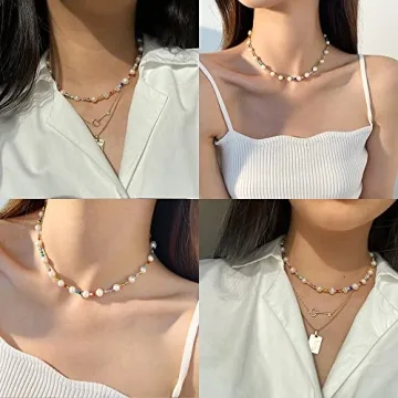 Miss Pink Beaded Necklace Beaded Choker Necklace Women Rice Seed Beads Necklace Freshwater Pearl Necklace Y2K Boho Handmade Cute Summer Crush Beach Jewelry Gifts for Teen