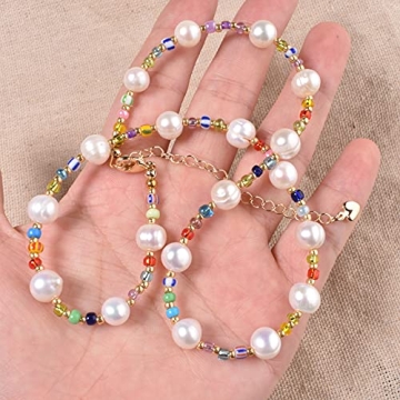 Miss Pink Beaded Necklace Beaded Choker Necklace Women Rice Seed Beads Necklace Freshwater Pearl Necklace Y2K Boho Handmade Cute Summer Crush Beach Jewelry Gifts for Teen