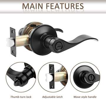 Probrico (8 Pack Privacy Door Lever,Locking Black Door Handle Set for Bathroom & Bedroom Doors,Keyless Interior Door Handle Black Finish Wave Door Lock, Reversible Right & Left Side Handed