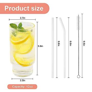 ZMOWIPDL Ribbed Glassware Vintage Drinking Glasses with Straws Set of 6,Clear Fluted Ripple Glass Cups 12oz,Ribbed Iced Coffee Cups for Cocktail, Whiskey, Beer, Juice, Water