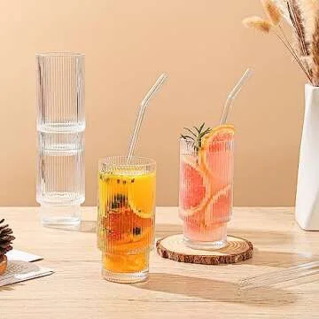 ZMOWIPDL Ribbed Glassware Vintage Drinking Glasses with Straws Set of 6,Clear Fluted Ripple Glass Cups 12oz,Ribbed Iced Coffee Cups for Cocktail, Whiskey, Beer, Juice, Water