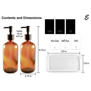 Eleito Amber Glass Kitchen Soap Dispenser Set with Tray, Two 16 oz Bottles, Six Waterproof Labels | Large Refillable Dish Soap Dispenser for Kitchen Sink Hand Soap, Dish Soap (Black and White Labels)