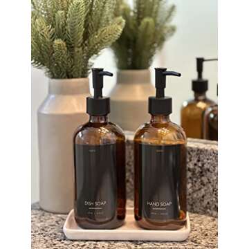 Eleito Amber Glass Kitchen Soap Dispenser Set with Tray, Two 16 oz Bottles, Six Waterproof Labels | Large Refillable Dish Soap Dispenser for Kitchen Sink Hand Soap, Dish Soap (Black and White Labels)