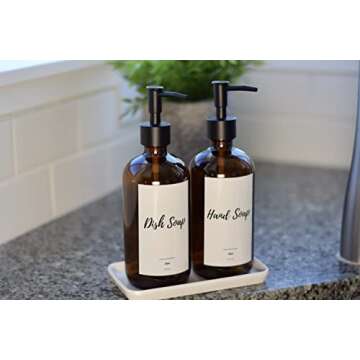 Eleito Amber Glass Kitchen Soap Dispenser Set with Tray, Two 16 oz Bottles, Six Waterproof Labels | Large Refillable Dish Soap Dispenser for Kitchen Sink Hand Soap, Dish Soap (Black and White Labels)