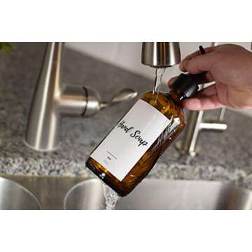 Eleito Amber Glass Kitchen Soap Dispenser Set with Tray, Two 16 oz Bottles, Six Waterproof Labels | Large Refillable Dish Soap Dispenser for Kitchen Sink Hand Soap, Dish Soap (Black and White Labels)