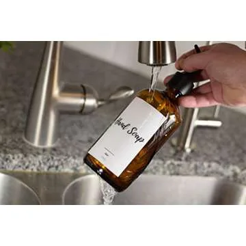 Eleito Amber Glass Kitchen Soap Dispenser Set with Tray, Two 16 oz Bottles, Six Waterproof Labels | Large Refillable Dish Soap Dispenser for Kitchen Sink Hand Soap, Dish Soap (Black and White Labels)