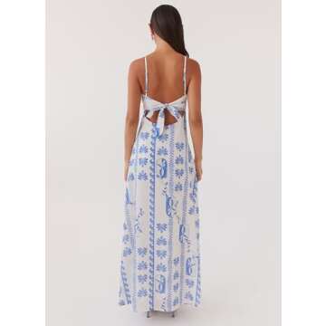 Faretumiya Women V Neck Cut Out Spaghetti Strap Long Dress Tie Up Bow Backless Bodycon Maxi Dress Party Wedding Y2K Streetwear（Floral Blue ，Medium）