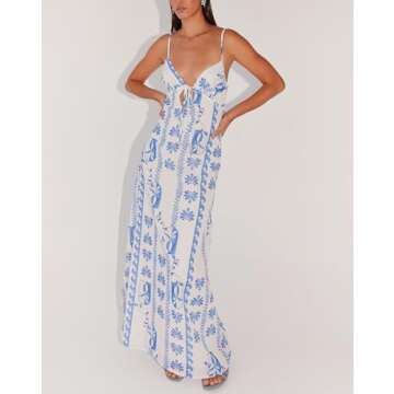 Faretumiya Women V Neck Cut Out Spaghetti Strap Long Dress Tie Up Bow Backless Bodycon Maxi Dress Party Wedding Y2K Streetwear（Floral Blue ，Medium）