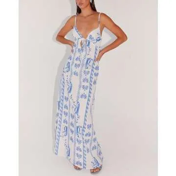 Faretumiya Women V Neck Cut Out Spaghetti Strap Long Dress Tie Up Bow Backless Bodycon Maxi Dress Party Wedding Y2K Streetwear（Floral Blue ，Medium）