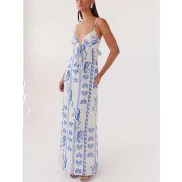 Faretumiya Women V Neck Cut Out Spaghetti Strap Long Dress Tie Up Bow Backless Bodycon Maxi Dress Party Wedding Y2K Streetwear（Floral Blue ，Medium）