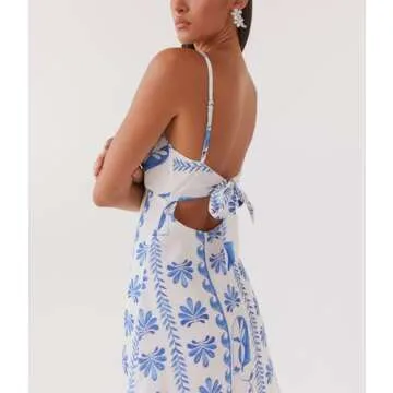 Faretumiya Women V Neck Cut Out Spaghetti Strap Long Dress Tie Up Bow Backless Bodycon Maxi Dress Party Wedding Y2K Streetwear（Floral Blue ，Medium）