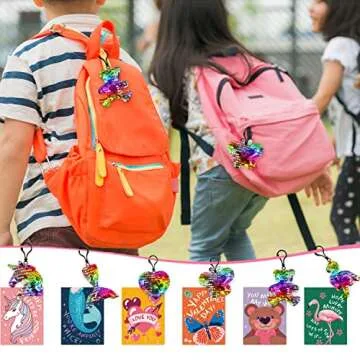 SURCVIO 30 Pack Valentines Day Gifts for Kids, Glitter Sequin Keychains with Valentines Greeting Cards for Kids, Valentine's Day School Prize Party Favor, Classroom Exchange Gift Set
