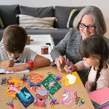 SURCVIO 30 Pack Valentines Day Gifts for Kids, Glitter Sequin Keychains with Valentines Greeting Cards for Kids, Valentine's Day School Prize Party Favor, Classroom Exchange Gift Set