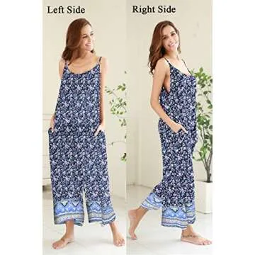 BUENOS NINOS Women's V Neck Floral Wide Leg Pants Boho Printed Adjustable Spaghetti Strappy Long Jumpsuit with Pockets Blue XL