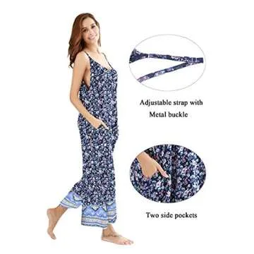 BUENOS NINOS Women's V Neck Floral Wide Leg Pants Boho Printed Adjustable Spaghetti Strappy Long Jumpsuit with Pockets Blue XL