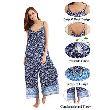 BUENOS NINOS Women's V Neck Floral Wide Leg Pants Boho Printed Adjustable Spaghetti Strappy Long Jumpsuit with Pockets Blue XL