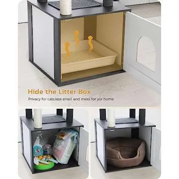 PETEPELA 56.7" Cat Tree with Litter Box Enclosure Large, Wood Cat Tower for Indoor Cats with Storage Cabinet and Cozy Cat Condo, Sisal Covered Scratching Post and Repalcable Dangling Balls, Black