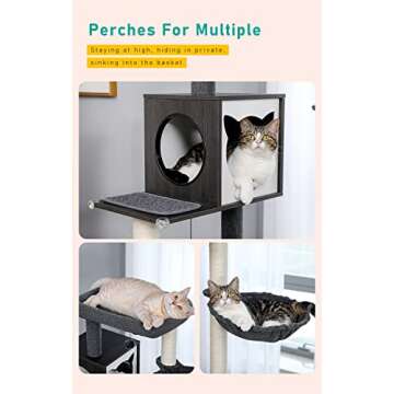 PETEPELA 56.7" Cat Tree with Litter Box Enclosure Large, Wood Cat Tower for Indoor Cats with Storage Cabinet and Cozy Cat Condo, Sisal Covered Scratching Post and Repalcable Dangling Balls, Black