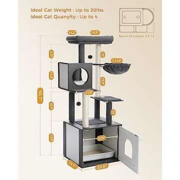 PETEPELA 56.7" Cat Tree with Litter Box Enclosure Large, Wood Cat Tower for Indoor Cats with Storage Cabinet and Cozy Cat Condo, Sisal Covered Scratching Post and Repalcable Dangling Balls, Black