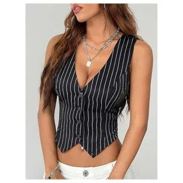 Floerns Vintage Striped Sleeveless Vest Blazer for Women