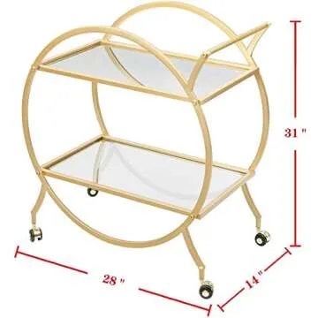 MAIKAILUN Bar Cart with 2 Mirrored Shelves, Modern Metal Bar Serving Cart with Locking Caster Wheels and Handle, Gold Round Bar Carts for The Home,Kitchen,Club,Living Room(28.34''W14.96''D31''H)