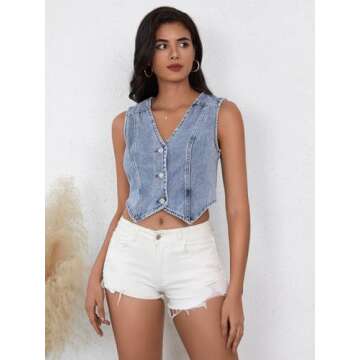 SHENHE Women's Denim Vest Button Down Sleeveless Jean Vest Top Y2K Cropped Denim Jacket Country Fashion Western Clothes Blue M
