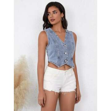 SHENHE Women's Denim Vest Button Down Sleeveless Jean Vest Top Y2K Cropped Denim Jacket Country Fashion Western Clothes Blue M