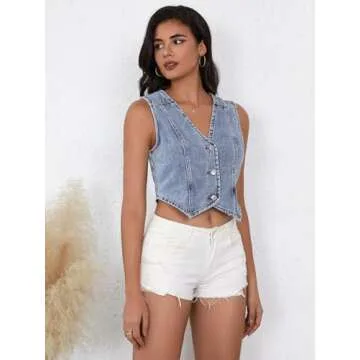 SHENHE Women's Denim Vest Button Down Sleeveless Jean Vest Top Y2K Cropped Denim Jacket Country Fashion Western Clothes Blue M