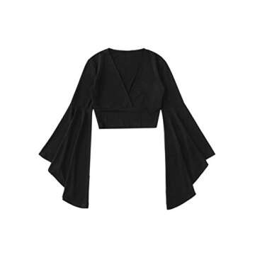 Floerns Women's V Neck Long Bell Sleeve Wrap Blouse Top Tee Shirts Black L