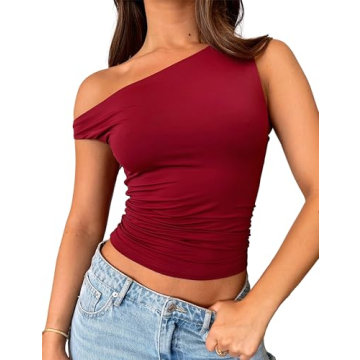 Dsewpaur Women Sleeveless Off Shoulder Crop Top Slim Fit One Shoulder Ruched Crop Tank Tops Going Ou...