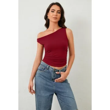 Dsewpaur Women Sleeveless Off Shoulder Crop Top Slim Fit One Shoulder Ruched Crop Tank Tops Going Out Y2K Tight Shirts Red