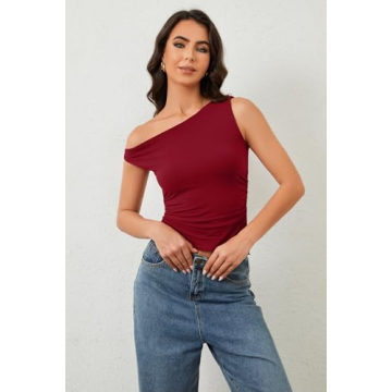 Dsewpaur Women Sleeveless Off Shoulder Crop Top Slim Fit One Shoulder Ruched Crop Tank Tops Going Out Y2K Tight Shirts Red
