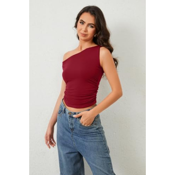 Dsewpaur Women Sleeveless Off Shoulder Crop Top Slim Fit One Shoulder Ruched Crop Tank Tops Going Out Y2K Tight Shirts Red