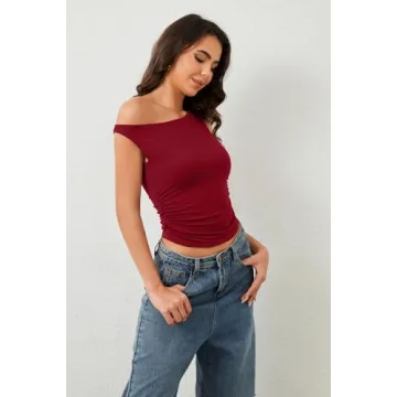 Dsewpaur Women Sleeveless Off Shoulder Crop Top Slim Fit One Shoulder Ruched Crop Tank Tops Going Out Y2K Tight Shirts Red