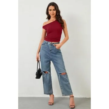 Dsewpaur Women Sleeveless Off Shoulder Crop Top Slim Fit One Shoulder Ruched Crop Tank Tops Going Out Y2K Tight Shirts Red