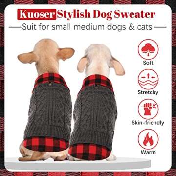Kuoser Dog Sweater, Plaid Patchwork Dog Knitwear Vest for Fall Winter, Pullover Cozy Dog Clothes Pet Cold Weather Coat Warm Apparel for Small Medium Dogs Cats XS-XL (Black, L)