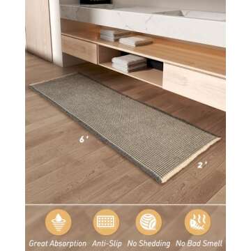 Upgraded Waffle Runner Rug Super Absorbent Non Slip Bath Mats for Bathroom Washable Bathroom Runner Rug with Tassels, Ideal for Hallway Bedroom Laundry Room, Dark Grey & Yellow, 2' x 6'(24" x 72")