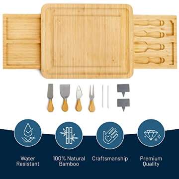 RoyalHouse Unique Bamboo Cheese Board and Knife Set with 2 Slide-Out Cutlery Drawers - Charcuterie B...