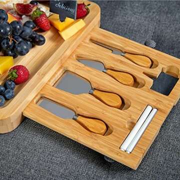 RoyalHouse Unique Bamboo Cheese Board and Knife Set with 2 Slide-Out Cutlery Drawers - Charcuterie Boards Set - Birthday Gifts for Women, Wedding Gifts for Couples 2025, Bridal Shower Gifts