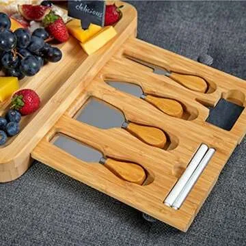 RoyalHouse Unique Bamboo Cheese Board and Knife Set with 2 Slide-Out Cutlery Drawers - Charcuterie Boards Set - Birthday Gifts for Women, Wedding Gifts for Couples 2025, Bridal Shower Gifts
