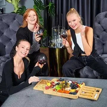 RoyalHouse Unique Bamboo Cheese Board and Knife Set with 2 Slide-Out Cutlery Drawers - Charcuterie Boards Set - Birthday Gifts for Women, Wedding Gifts for Couples 2025, Bridal Shower Gifts