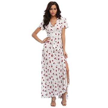 Ferrendo Women's Floral Maxi Dress Button Up Split Flowy Bohemian Party Beach Dresses White Cherry